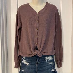 Long Sleeve Waffle Knit Tie Front Top Womens Size Small